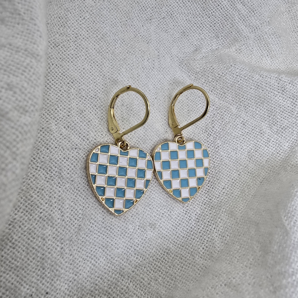Gold-Tone Heart Drop Earrings with Blue & White Check Enamel